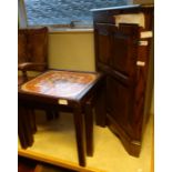 20th century oak corner cupboard by Jaycee with candle slide above panel door, on bracket feet, 87cm