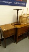 Two 20th century oak sewing boxes, a mahogany turned wine table on triform base and three squat feet