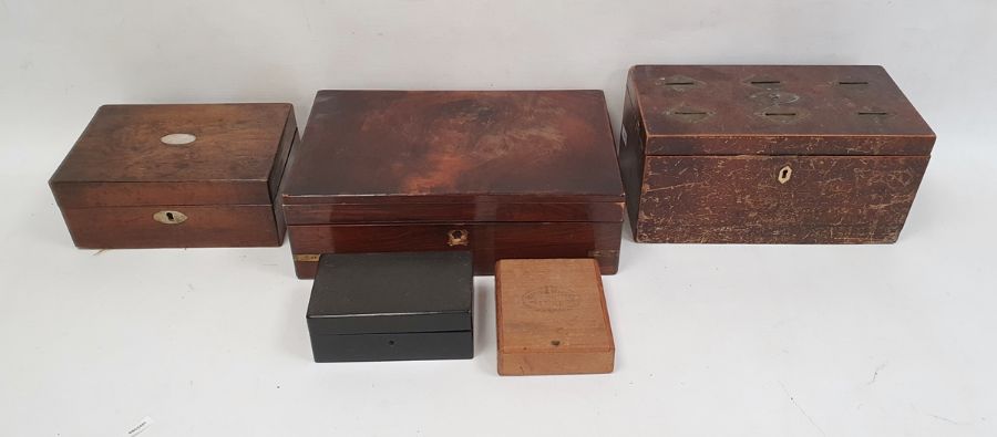 19th century mahogany box with brass diamond-shaped inlaid plaques with coin slots and various