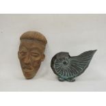 Carved wooden African mask and a bronze vase in the form of a shell (2)