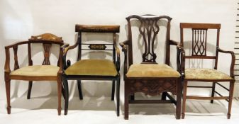 Four assorted chairs to include Regency brass inlaid example, on sabre front legs, with scrolled