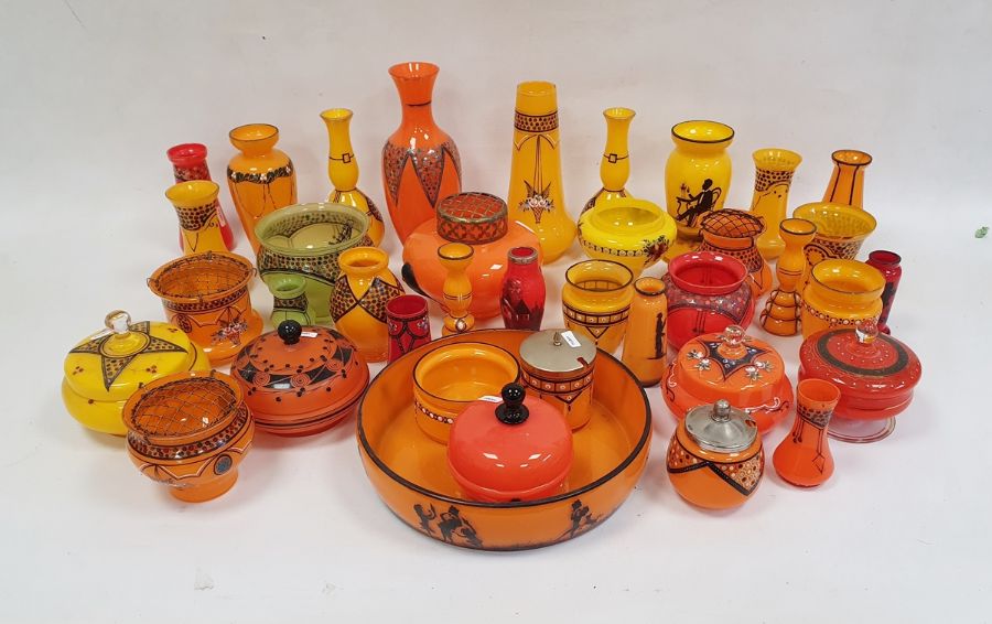 Collection of Czechoslovakian and Bohemian tango glass and other coloured glassware in yellow,
