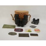 Pair of 12x50 field binoculars in case, a pair of modern Pentax binoculars and various plaques to