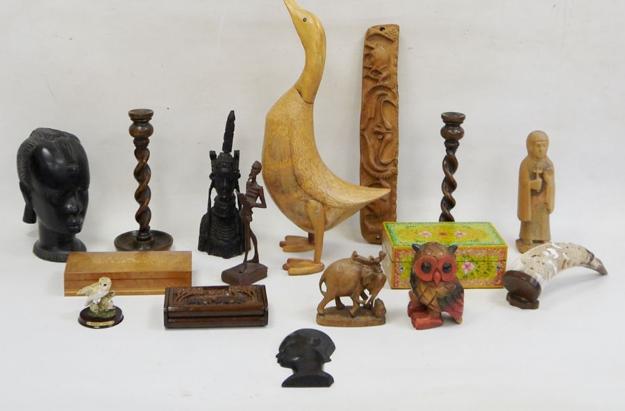 Box of assorted items to include an African carved hardwood head, various items of treen, a carved