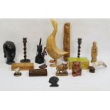 Box of assorted items to include an African carved hardwood head, various items of treen, a carved