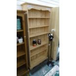 20th century lime washed pine open bookcase, on bracket feet, 90cm x 199cm