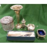 Silver cruet set, a weighted silver stem vase, a silver lidded glass dressing table pot and a pickle