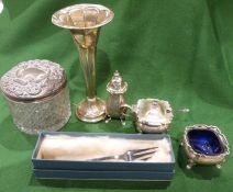 Silver cruet set, a weighted silver stem vase, a silver lidded glass dressing table pot and a pickle