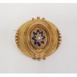 Victorian gold-coloured, pearl and blue enamel brooch, oval and centred by cultured pearl in star-