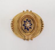 Victorian gold-coloured, pearl and blue enamel brooch, oval and centred by cultured pearl in star-