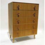 Mid-century modern Meredew oak chest of five long drawers, on cylindrical tapering supports, 76cm