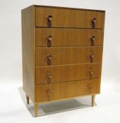 Mid-century modern Meredew oak chest of five long drawers, on cylindrical tapering supports, 76cm