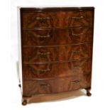 20th century walnut bowfront chest of five drawers, to squat cabriole legs, 77cm x 102cm