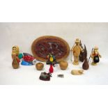 Two Erzgebirgische German wooden figures, a Russian Matryoshka doll and various items of treen