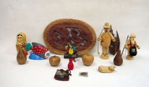 Two Erzgebirgische German wooden figures, a Russian Matryoshka doll and various items of treen