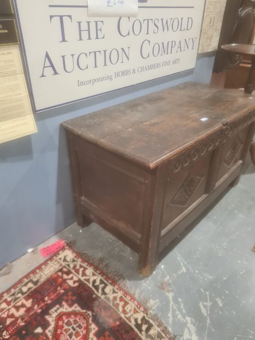 Possibly 17th century and later oak coffer, the rectangular top with moulded edge, diamond carved - Image 2 of 15