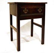 George III oak single drawer side table, the rectangular top above single drawer with brass handles,