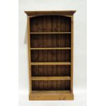 Modern pine open bookcase with moulded cornice, open shelves, on plinth base, 100cm x 183cm