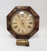 19th century wall clock marked 'Birkle Bro of Ipswich', with Roman numerals, rosewood and brass