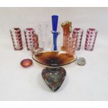 Collection of coloured glassware including four French shaped cylindrical ruby stained beaker
