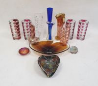 Collection of coloured glassware including four French shaped cylindrical ruby stained beaker