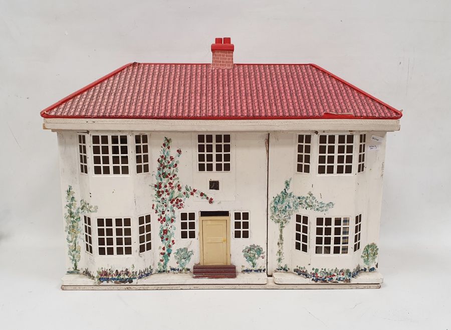 Vintage doll's house with sliding painted metal frontage, modern furniture to interior