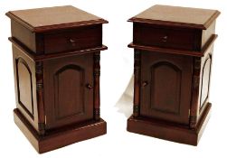 Pair of modern bedside cabinets, the square tops with moulded edges, with single drawers and