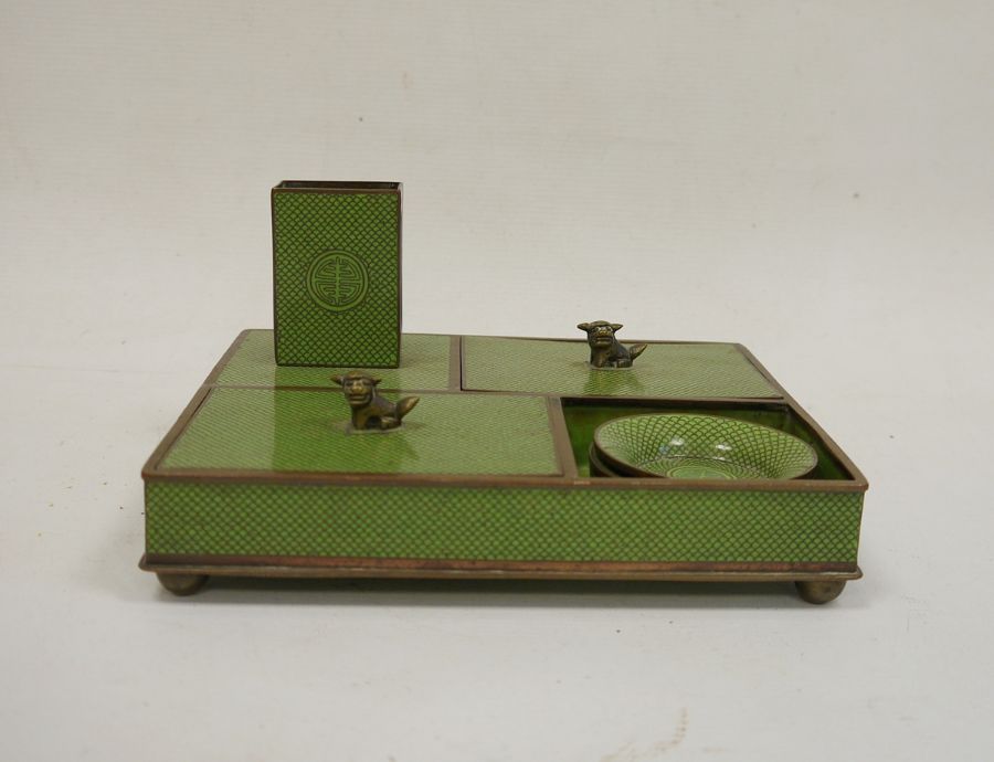 Vintage Chinese enamel smokers companion set to include lidded compartments with Dog of Fo