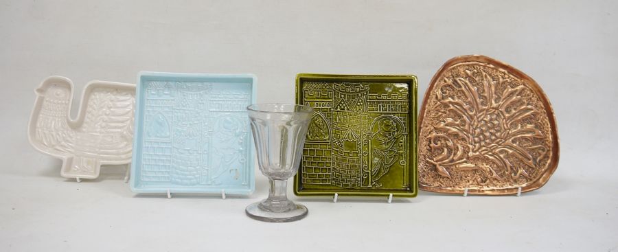Poole pottery trays, arts and crafts style copper tray and a 19th century faceted glass (5)Condition