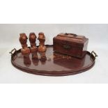 19th century mahogany tea caddy with brass handle and escutcheon, an oval and inlaid tray and