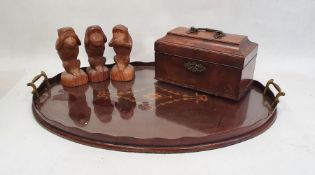 19th century mahogany tea caddy with brass handle and escutcheon, an oval and inlaid tray and