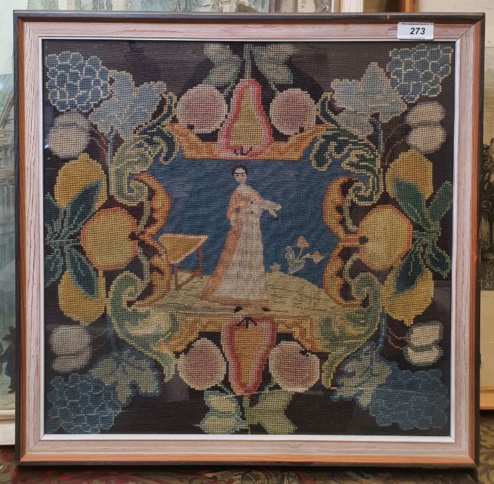 Petitpoint and grospoint woolwork tapestry of a woman and fruit, 40cm x 40.5cm - Image 2 of 2