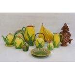 Collection of Soho Pottery Solian Ware Corn on the Cob moulded items, circa 1930 and later,