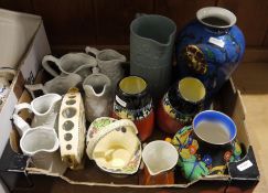 Collection of pottery and porcelain including a Lawleys Norfolk pottery Art Deco vase (22cm high), a