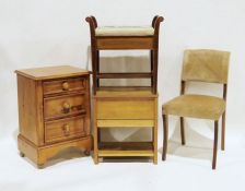 Oak sewing box, a piano stool and a bedside chest of three drawers and a side chair (4)