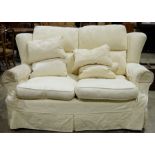 Marks & Spencers two-seat sofa and two single armchairs in pale cream coloured foliate pattern