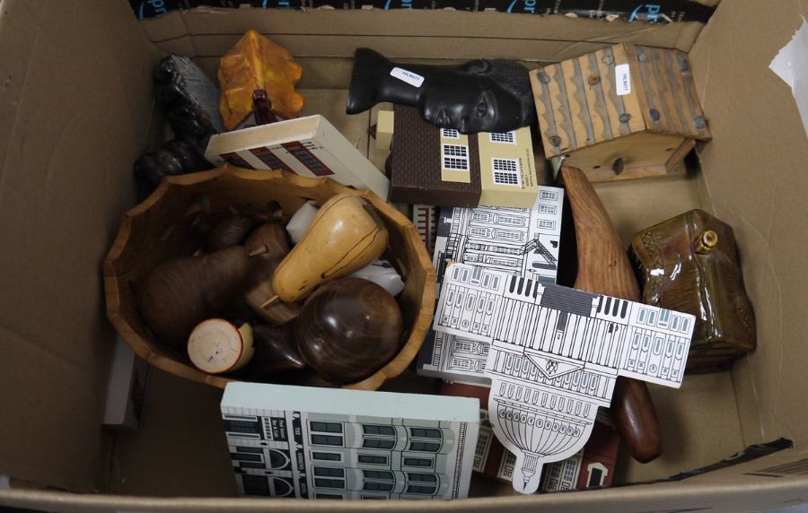 Box of assorted items to include an African carved hardwood head, various items of treen, a carved - Image 2 of 2