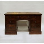 19th century kneehole mahogany desk with brown leather inset top, assorted drawers, to plinth