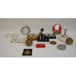 Various pin badges, a pair of treen candle holders, a Ronson lighter, a barometer, etc (2 boxes)
