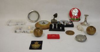 Various pin badges, a pair of treen candle holders, a Ronson lighter, a barometer, etc (2 boxes)