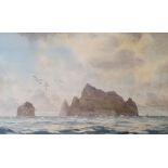 Stuart Beck  Watercolour drawing Craggie island in sea, signed lower right Harry A Teale Bullfinch