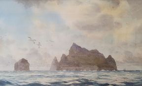 Stuart Beck  Watercolour drawing Craggie island in sea, signed lower right Harry A Teale Bullfinch