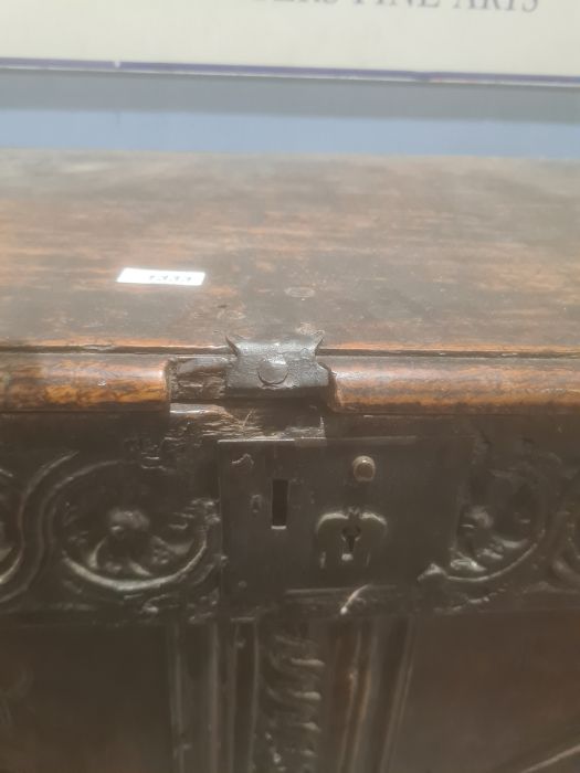 Possibly 17th century and later oak coffer, the rectangular top with moulded edge, diamond carved - Image 12 of 15