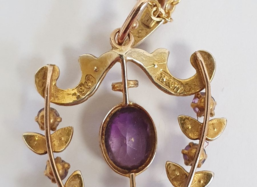 9ct gold amethyst and seedpearl pendant, foliate and scroll openwork, set two larger faceted - Image 2 of 2