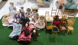 Assorted dolls house furniture to include chairs and various dolls house dolls in vintage costume,