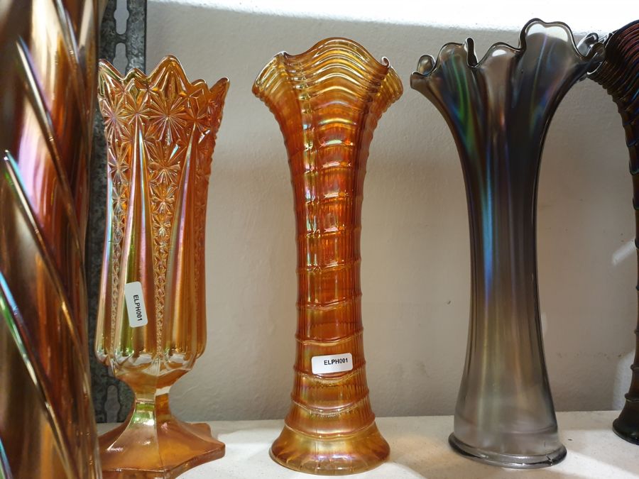 Collection of Carnival glass vases, early 20th century, in amethyst, blue and marigold colours, - Image 6 of 13