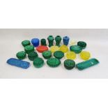 Collection of Art Deco press moulded coloured glass vases, boxes and other wares, including two