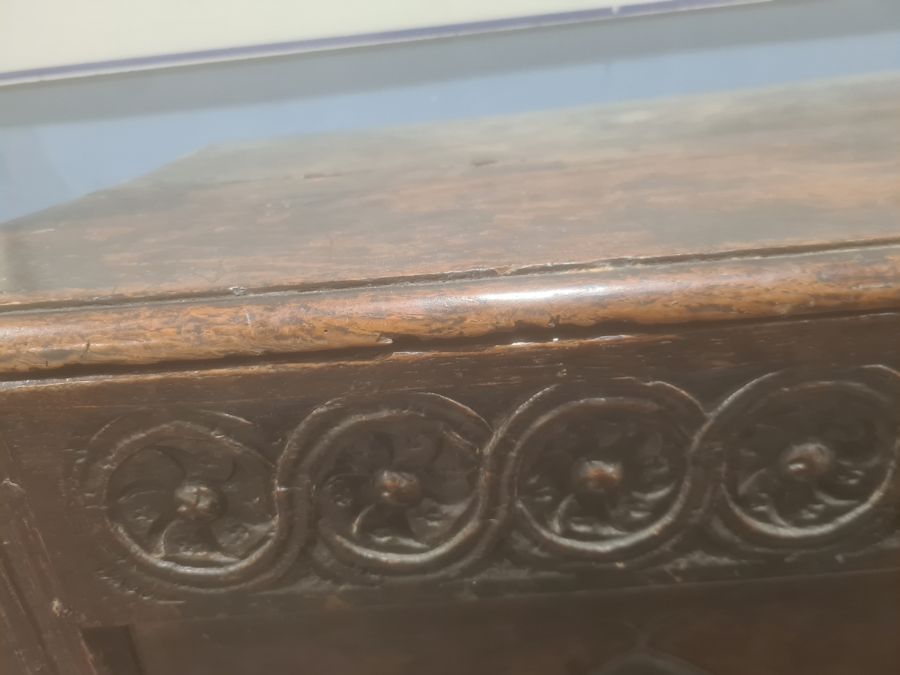 Possibly 17th century and later oak coffer, the rectangular top with moulded edge, diamond carved - Image 15 of 15