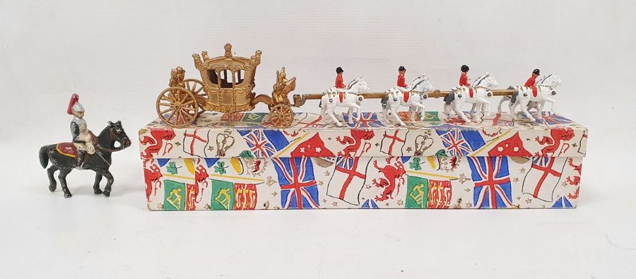 Crescent gold-coloured Royal carriage with eight horses and four riders, in box and one further