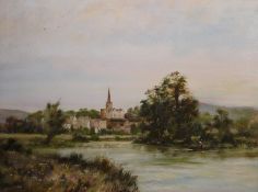 A T Avery Oil on canvas Continental river scene with spire in background and a gentleman punting